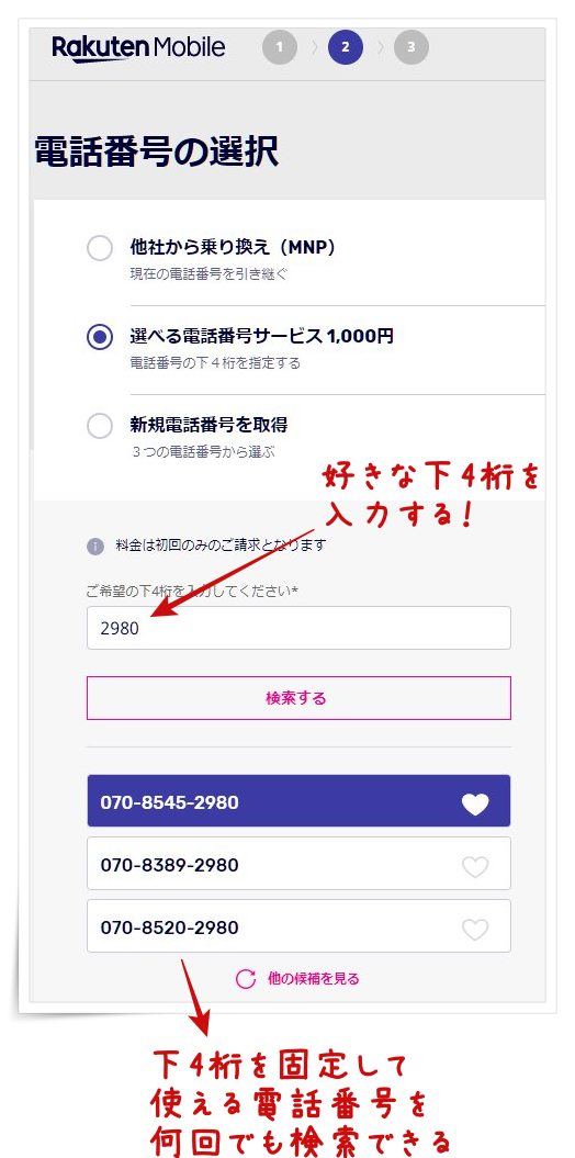 楽天モバイル 選べる電話番号サービスの画面